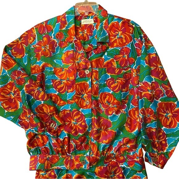 Vintage 80s Lord & Taylor Silk Floral Set Cropped Jacket Resort M/L - Picture 2 of 16